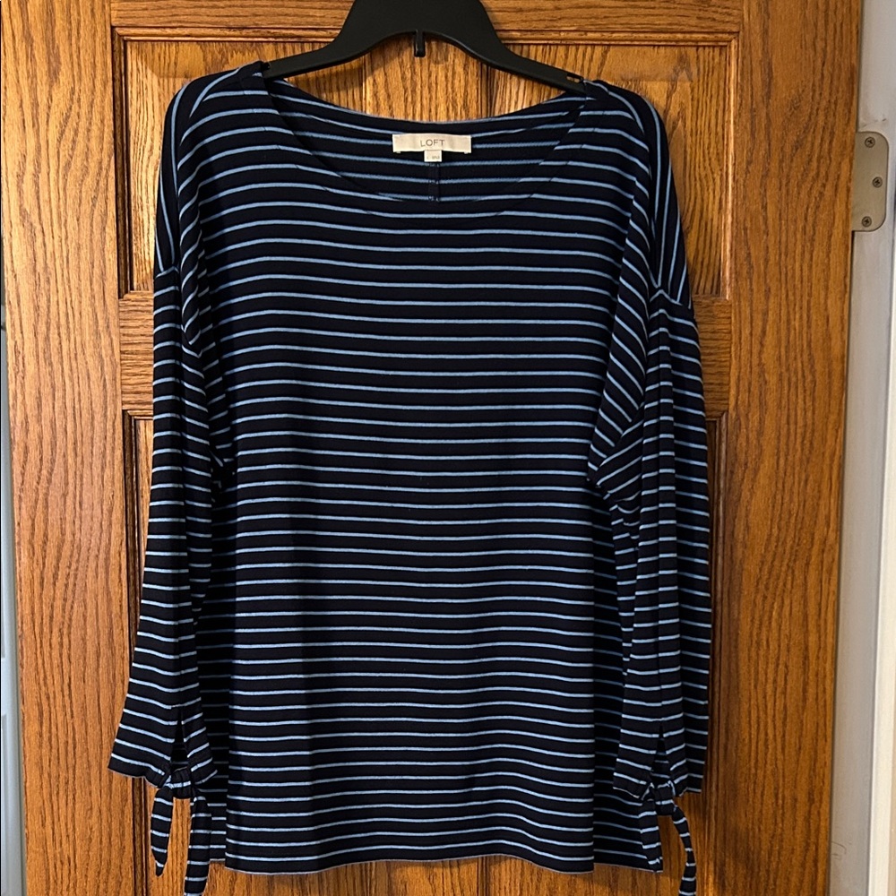 LOFT Navy and Light Blue Striped Long Sleeve Tee